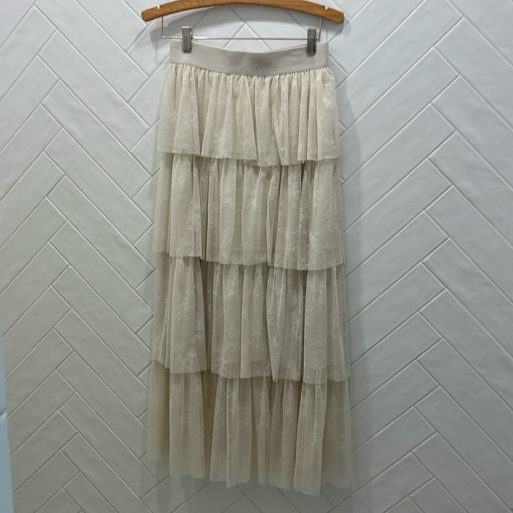 Altar'd State Ivory Lace Tiered Maxi Skirt. Elastic waist. 40” long